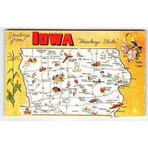 Postcard Greetings From Iowa The Hawkeye State Map Postcard Dexter Chrome Retro